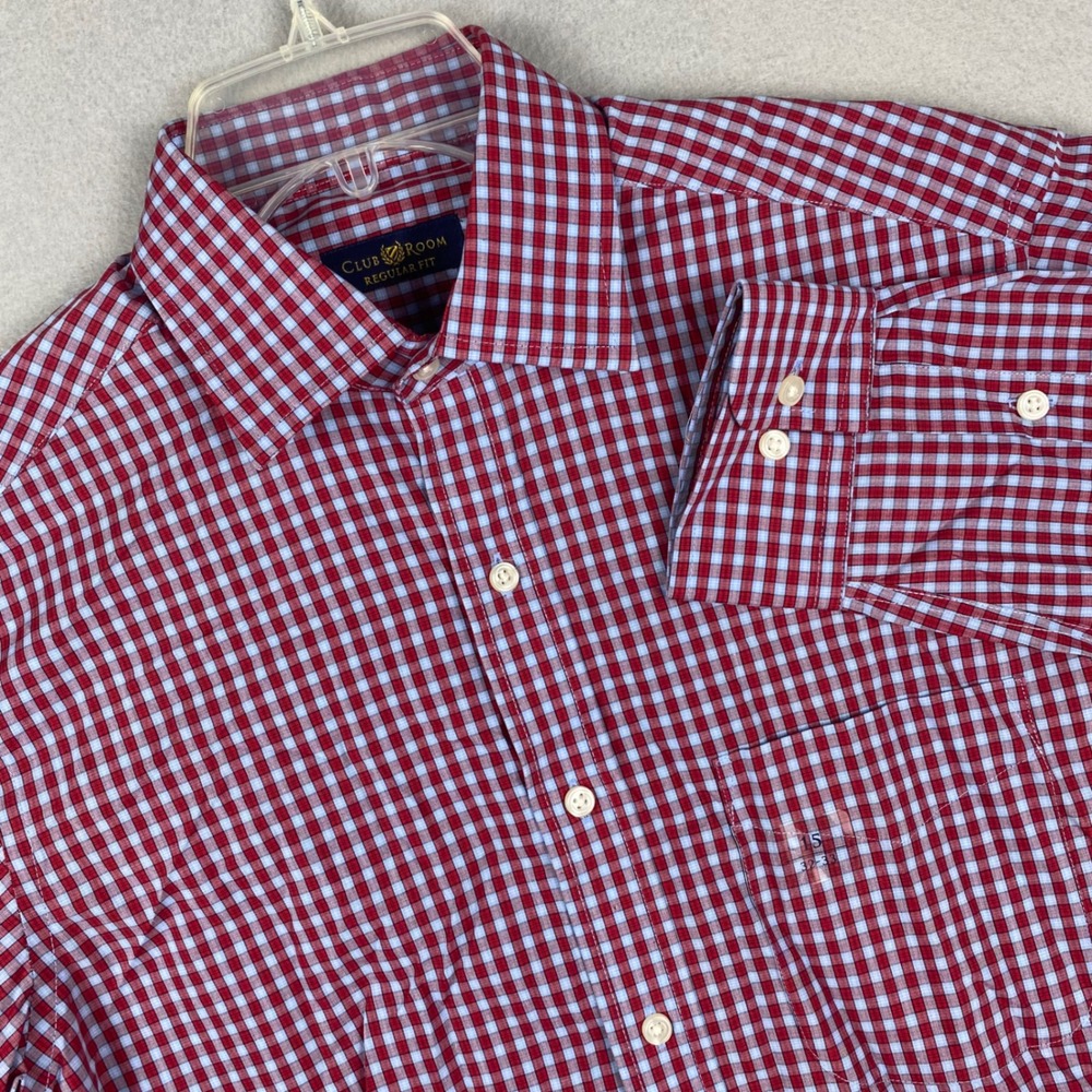 Club Room Mens Red Gingham Button Down Shirt Regular Fit 15 32/33 Cotton NWT